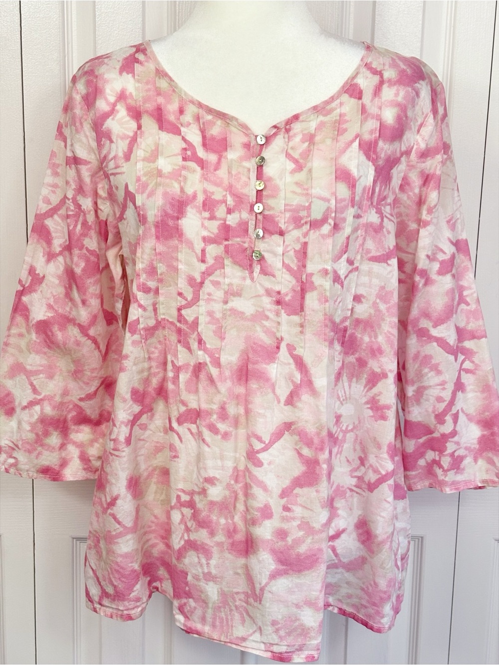J. Jill Pink Print Lightweight Cotton Pintuck Pleated 3/4 Sleeve Blouse LP